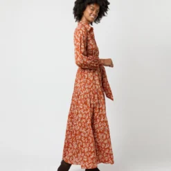 Isla Shirtdress In Orange Autumn Floral Crinkle Cotton -Garbiera Sales Store S71402 899