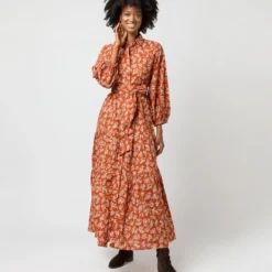 Isla Shirtdress In Orange Autumn Floral Crinkle Cotton