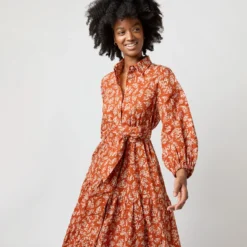 Isla Shirtdress In Orange Autumn Floral Crinkle Cotton -Garbiera Sales Store S71402 931