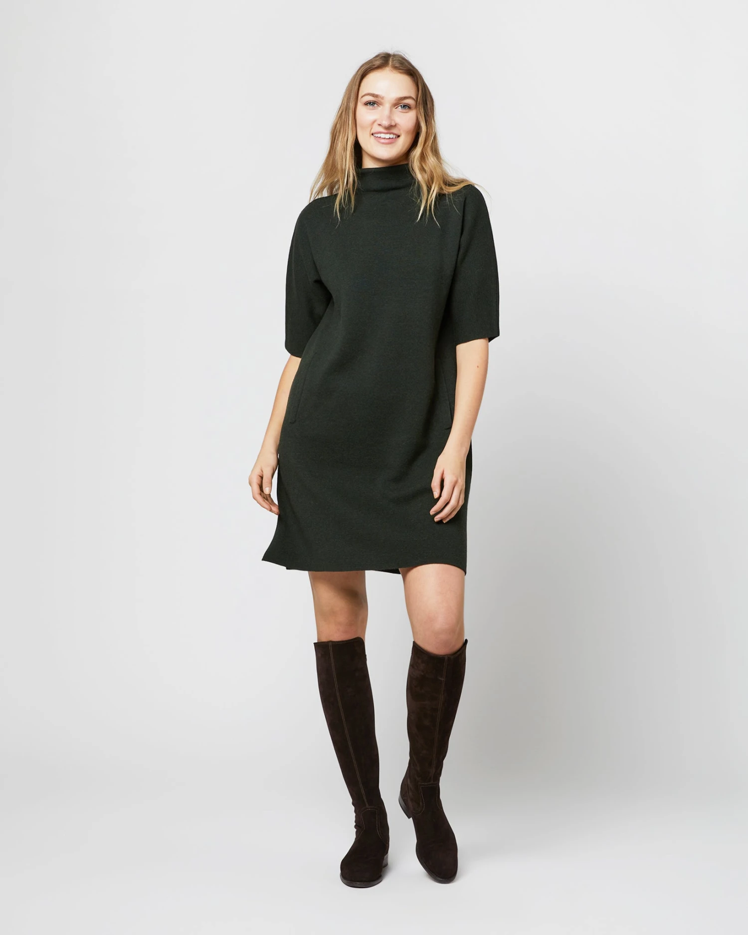Rowan Short-Sleeved Funnel-Neck Dress In Bottle Green Merino Wool 3 Rowan Short-Sleeved Funnel-Neck Dress In Bottle Green Merino Wool