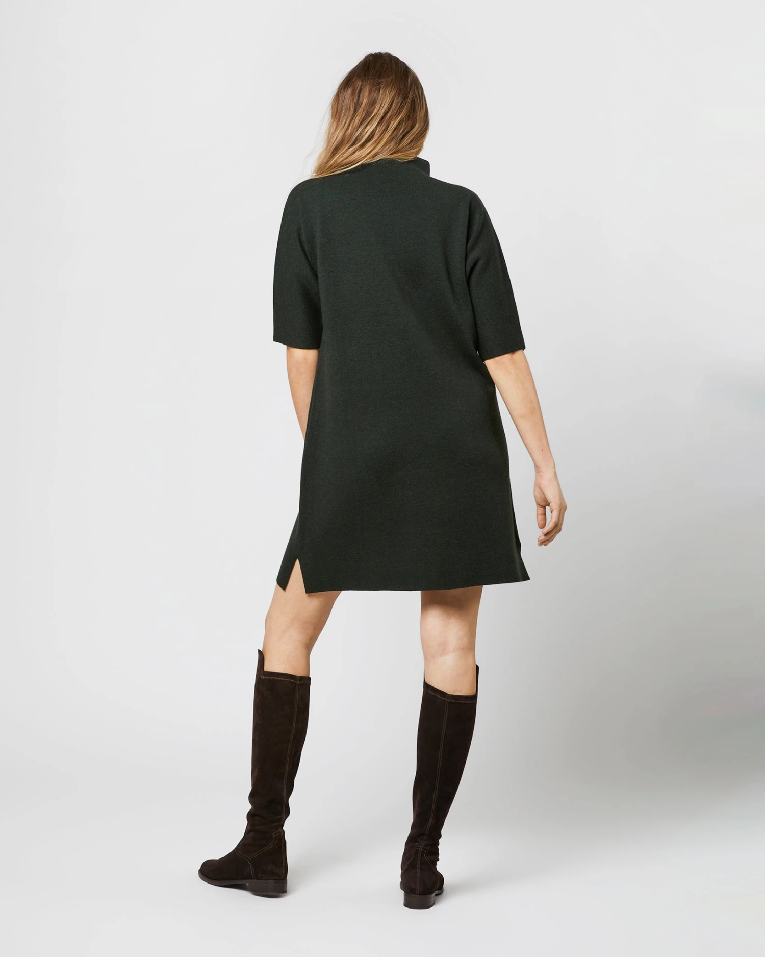 Rowan Short-Sleeved Funnel-Neck Dress In Bottle Green Merino Wool 8 Rowan Short-Sleeved Funnel-Neck Dress In Bottle Green Merino Wool - Image 6