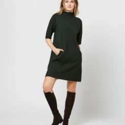 Rowan Short-Sleeved Funnel-Neck Dress In Bottle Green Merino Wool 10 Rowan Short-Sleeved Funnel-Neck Dress In Bottle Green Merino Wool -Garbiera Sales Store S71436 890