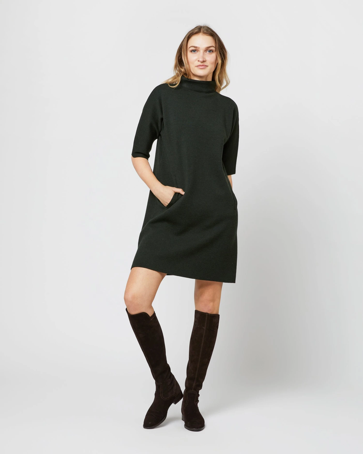 Rowan Short-Sleeved Funnel-Neck Dress In Bottle Green Merino Wool 5 Rowan Short-Sleeved Funnel-Neck Dress In Bottle Green Merino Wool - Image 3