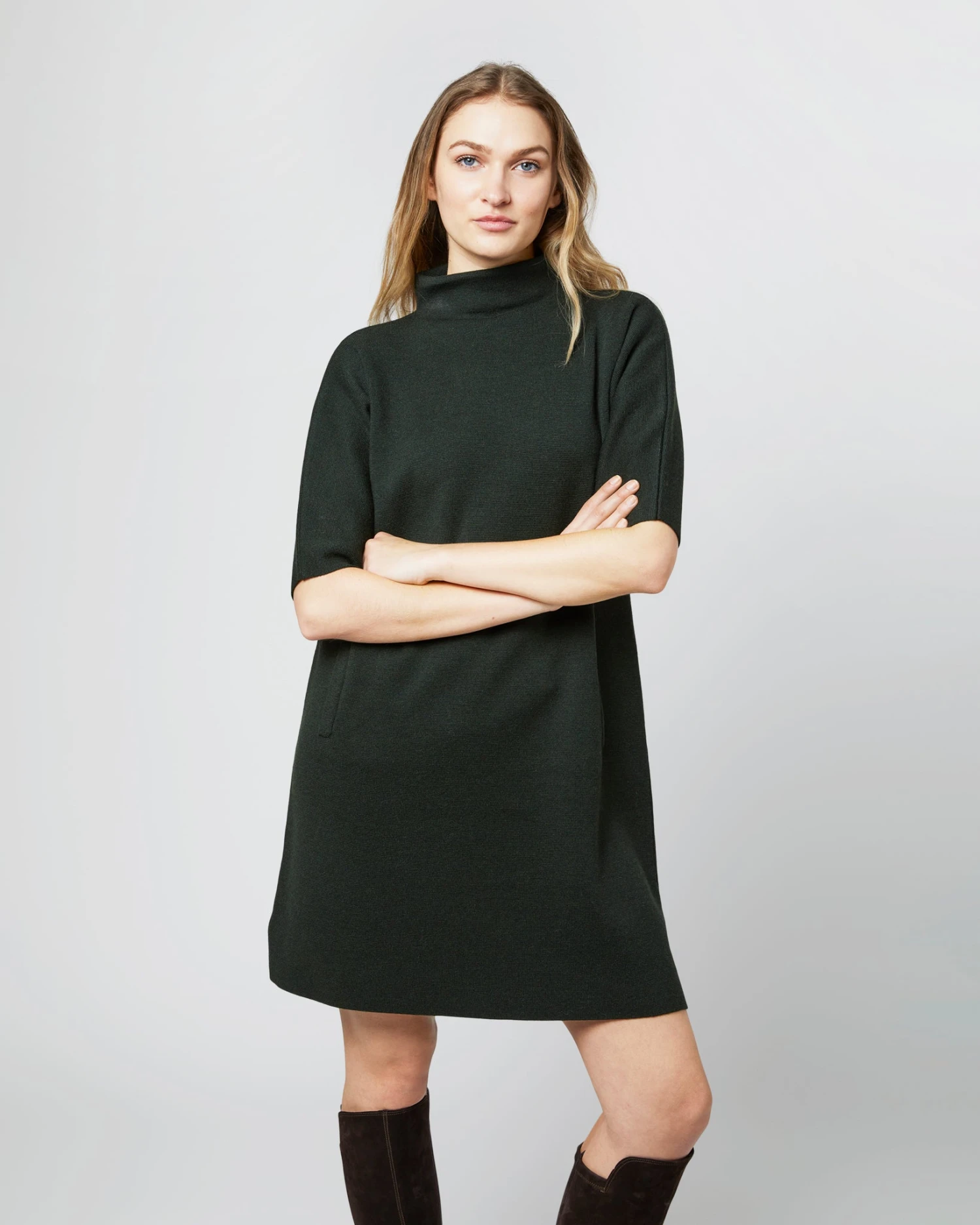Rowan Short-Sleeved Funnel-Neck Dress In Bottle Green Merino Wool 4 Rowan Short-Sleeved Funnel-Neck Dress In Bottle Green Merino Wool - Image 2