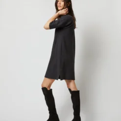 Rowan Short-Sleeved Funnel-Neck Dress In Heather Coal Merino Wool -Garbiera Sales Store S71437 624