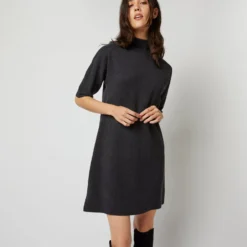 Rowan Short-Sleeved Funnel-Neck Dress In Heather Coal Merino Wool -Garbiera Sales Store S71437 678