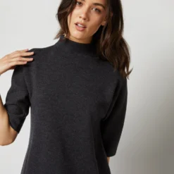 Rowan Short-Sleeved Funnel-Neck Dress In Heather Coal Merino Wool -Garbiera Sales Store S71437 684