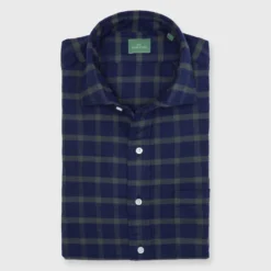 Spread Collar Sport Shirt In Navy/Olive Plaid Flannel