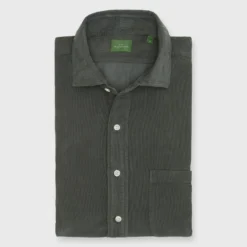 Spread Collar Sport Shirt In Olive Corduroy