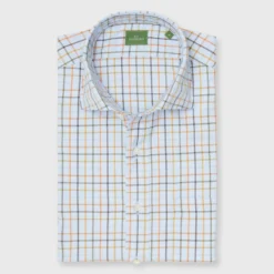 Spread Collar Sport Shirt In Sky/Orange/Olive Tattersall Brushed Twill