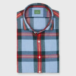Spread Collar Sport Shirt In Periwinkle/Red/Yellow Plaid Flannel