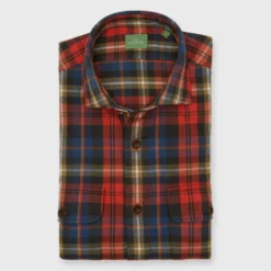 Band-Hem Work Shirt In Red/Khaki/Blue Plaid Brushed Twill