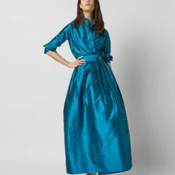 Pleated Wrap Skirt In Atlantic Blue Silk Shantung -Garbiera Sales Store S72090 2221