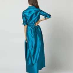 Pleated Wrap Skirt In Atlantic Blue Silk Shantung -Garbiera Sales Store S72090 2246