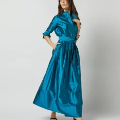 Pleated Wrap Skirt In Atlantic Blue Silk Shantung -Garbiera Sales Store S72090 2273