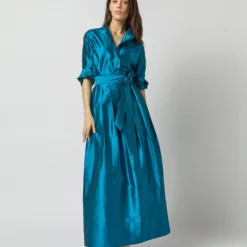 Pleated Wrap Skirt In Atlantic Blue Silk Shantung -Garbiera Sales Store S72090 2297
