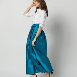 Pleated Wrap Skirt In Atlantic Blue Silk Shantung -Garbiera Sales Store S72090 2469