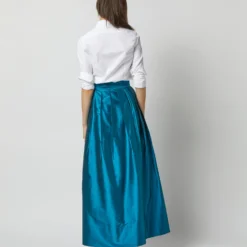 Pleated Wrap Skirt In Atlantic Blue Silk Shantung -Garbiera Sales Store S72090 2483