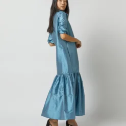 Manon Dress In Steel Blue Silk Shantung -Garbiera Sales Store S72255 9727