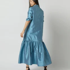 Manon Dress In Steel Blue Silk Shantung -Garbiera Sales Store S72255 9731