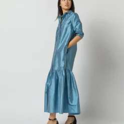 Manon Dress In Steel Blue Silk Shantung -Garbiera Sales Store S72255 9737