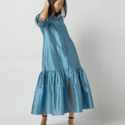 Manon Dress In Steel Blue Silk Shantung -Garbiera Sales Store S72255 9752