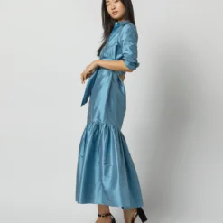 Manon Dress In Steel Blue Silk Shantung -Garbiera Sales Store S72255 9821