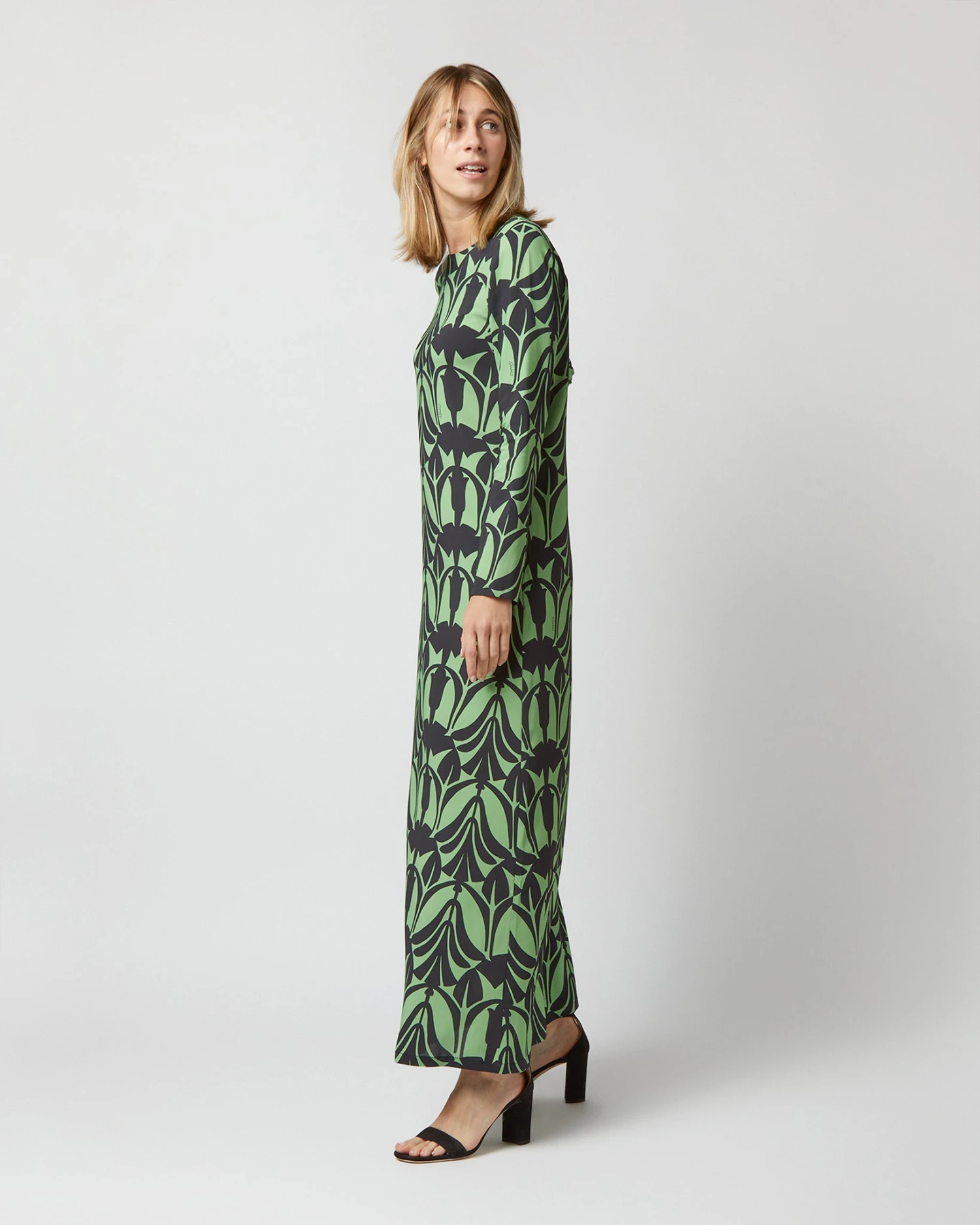 Long Sleeve Swing Dress In Papyrus Green Sablé 4 Long Sleeve Swing Dress In Papyrus Green Sablé - Image 2