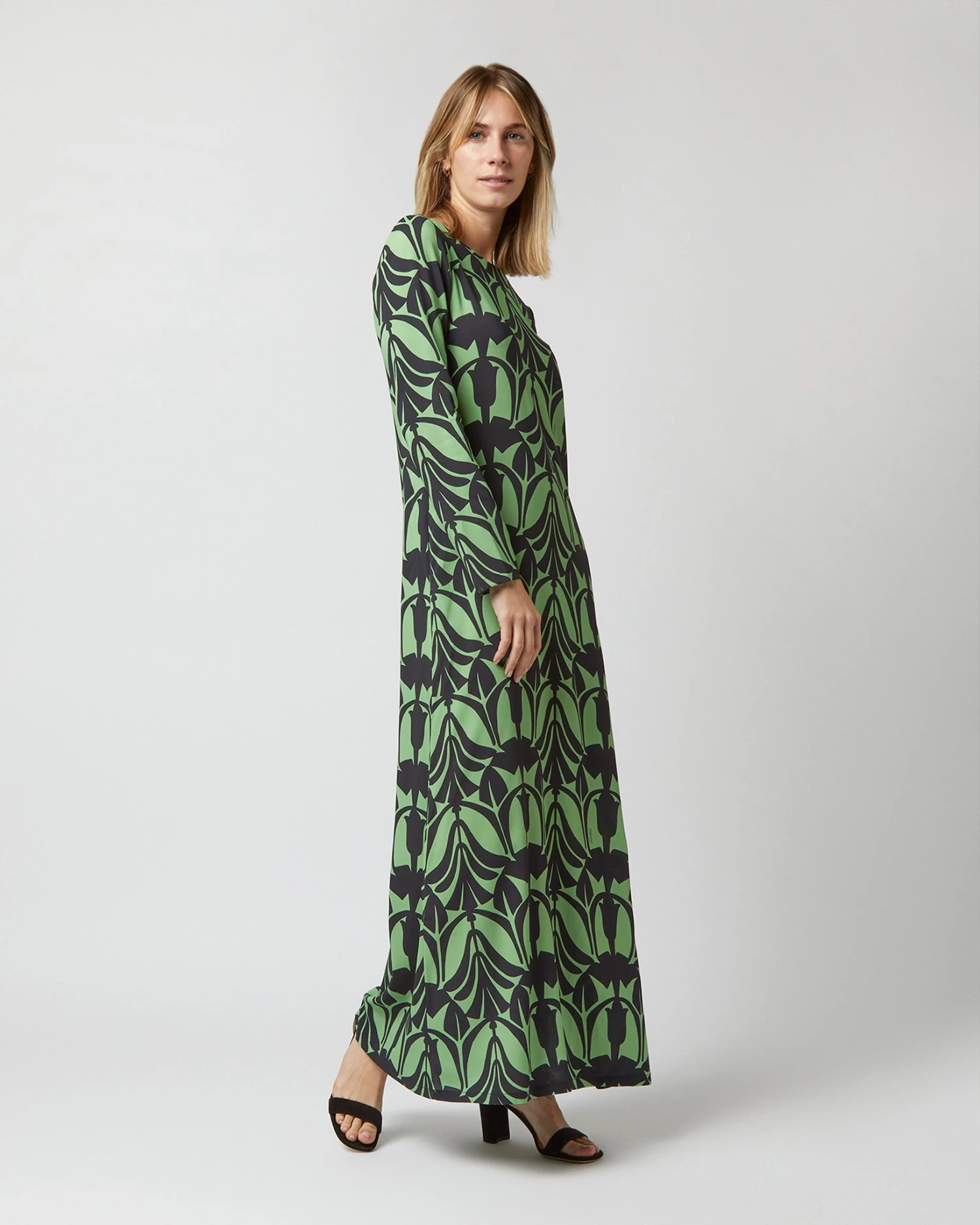 Long Sleeve Swing Dress In Papyrus Green Sablé 5 Long Sleeve Swing Dress In Papyrus Green Sablé - Image 3