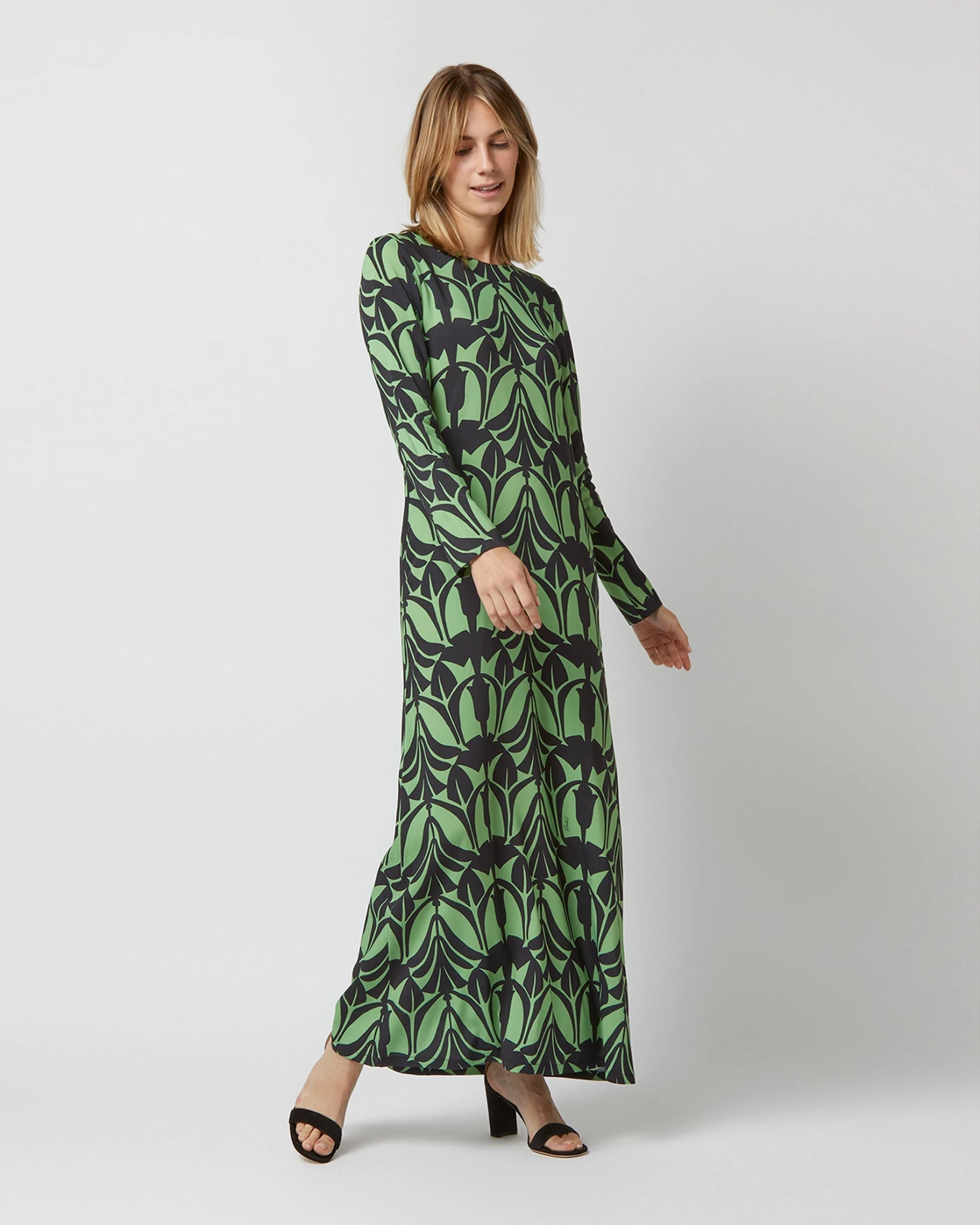 Long Sleeve Swing Dress In Papyrus Green Sablé 3 Long Sleeve Swing Dress In Papyrus Green Sablé