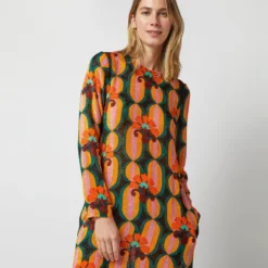 Long Sleeve Swing Dress In Arcturus Blue Petrol Velvet Devoré -Garbiera Sales Store S72958 232